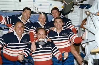 STS-44 onboard (in-space) crew portrait features "Trash Man" Hennen