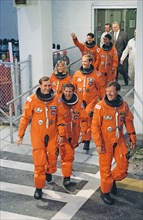 1992 - STS-47 crew leaves KSC's O&C Building on their way to Launch Complex 39