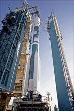 2008 - A Delta II rocket carrying the Ocean Surface Topography Mission/Jason 2 satellite, is prepared for launch at Space Launch Complex 2 at Vandenberg Air Force Base, Calif.