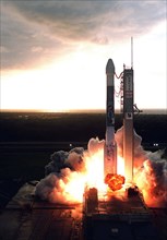 1998 - Lighting up the launch pad below, a Boeing Delta II (7326) rocket is silhouetted in the morning light as it propels Deep Space 1 into the sky after liftoff from Launch Complex 17A, Cape Canaver...