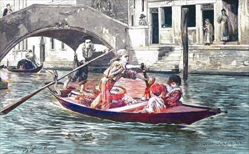 Kinder auf dem Weg zum Markt mit einem Boot auf einem der Kanäle in Venedig