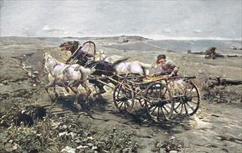 Der Kutscher auf einem polnischen Fuhrwerk treibt seine Pferde zur Eile an