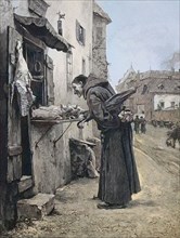 Alter Mönch steht zur Fastenzeit sehnsüchtig vor einem Metzgerladen und betrachtet drei Spanferkel