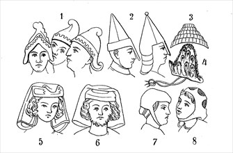 Male headpieces from the 9th - 13th Century. 1 Freemasonry helmets of the Carolingian period