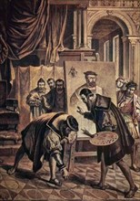 Kaiser Karl V hebt für Tizian einen Pinsel auf. Tizian