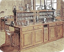 A work table in the chemical lobaratorium in Leipzig
