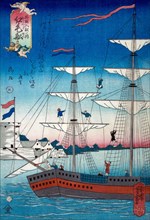 Dutch ship with sailors on sails