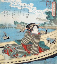 Water Scene with woman ina row boat, resting and having taken  her shoes off