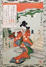 Youg Woman plays a flute by a bridge