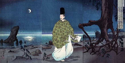 Heian Period Courtier on a Moonlit Beach
