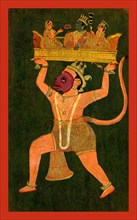 Hanuman carrying Rama, Sita and Lak?ma?a on a throne