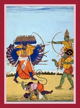Rama mounted on Hanuman's shoulders fighting Rava?a