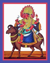 Agni rides on his Caparisoned and bejeweled vahana