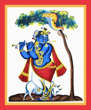 Blue-complexioned Krishna plays the flute