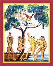 Krishna hiding in a tree on a river bank
