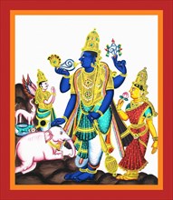 Vishnu holds a decorated shankha