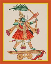 Manmatha rides on a chariot drawn by a red parrot