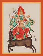 Durga standing in pratyalidha on the back of the galloping Mahi?a