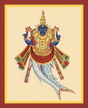 Matsya emerging from the tail of a fish