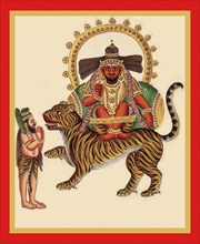Munisvaram on the back of a tiger in utkutikasana