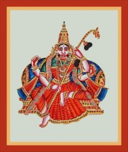 Goddess Sarasvati sits in lalitasana on a throne