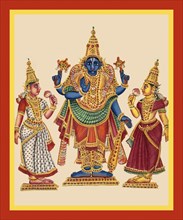 Vishnu stands on a low pedestal holding a chakra (discus)