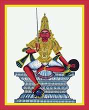 Manarsvami sits in lalitasana on a throne