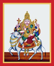 Shiva and Parviti ride on the back of Nandi