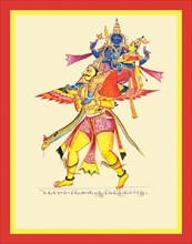 Golden-hued Garuda bearing Vishnu and Laksmi