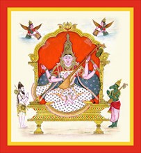 Goddess Sarasvati on a throne