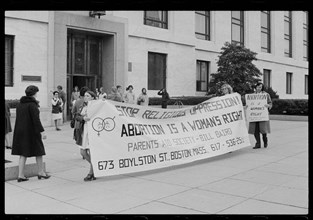 Abortion rights protesters demonstrate outside a Senate Judiciary Subcommittee hearing on the abortion amendment, Washington, DC, March 7, 1974.