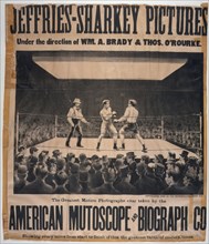 Early motion picture poster showing scene from the boxing match between James J. Jeffries and Tom Sharkey. Nov. 3, 1899.