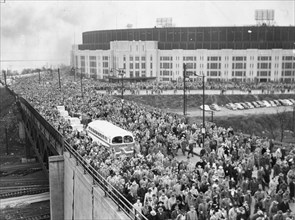 Up until that date, the largest crowd ever to see a professional football game - 82,769 - leaves Cleveland's Municipal Stadium after having seen the Browns defeat San Francisco, 14-7. Cleveland, Ohio,...
