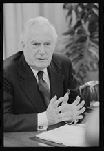 Portrait of Chief Justice of the US Supreme Court Warren E. Burger taken during an interview, Washington, DC, 11/25/1977.