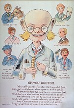 Half-length caricature of a doctor wearing glasses