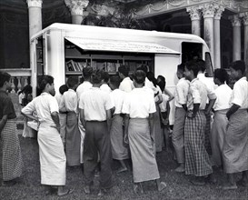 6/19/1953 - Children and Teachers at Bookmobile, Rangoon