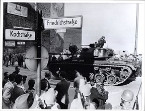 August 1961 - U.S. Tank and Riflemen Stand Guard at the Friedrichstrasse Crossing of the Divided