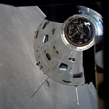 The Command and Service Module (CSM) preparing to rendezvous with the lunar module