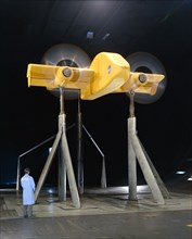 2-Prop. R.C.F. (Rotating Cylinder Flap) in 40 x 80ft. wind tunnel. 3/4 front view propeller spinning with Chuck Greco.