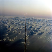 Aerial views of the STS-5 launch from T-38 chase aircraft Nov. 11, 1982