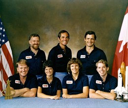 The crew assigned to the STS-41G mission included (seated left to right) Jon A. McBride, pilot