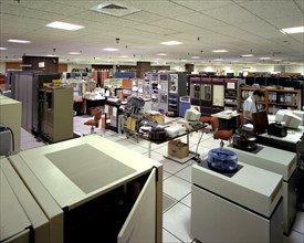 Elevated shot for computer room in research analysis center RAC building ca. 1984