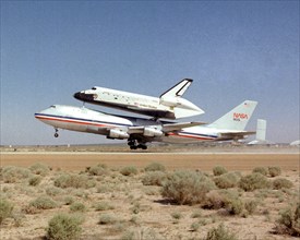 NASA's specially modified 747 with the Space Shuttle Columbia atop takes off