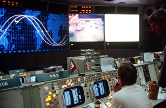 An overall view of activity in the mission operations control room