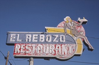 1990s America -  El Rebozo Restaurant sign, Ukiah, California 1991