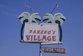 1990s America -  Pancho's Village Cocktails sign, Salinas, California 1991