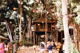 Tourists shop in an outdoor market area of Oahu Hawaii ca. 1973