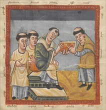 Gregory Iv (Middle) Receives His Book From Rabanus Maurus (Right).