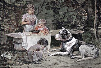 Three Children Play In The Garden