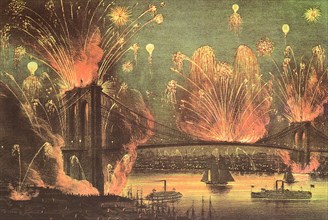 Fireworks at Brooklyn Bridge. New York City.